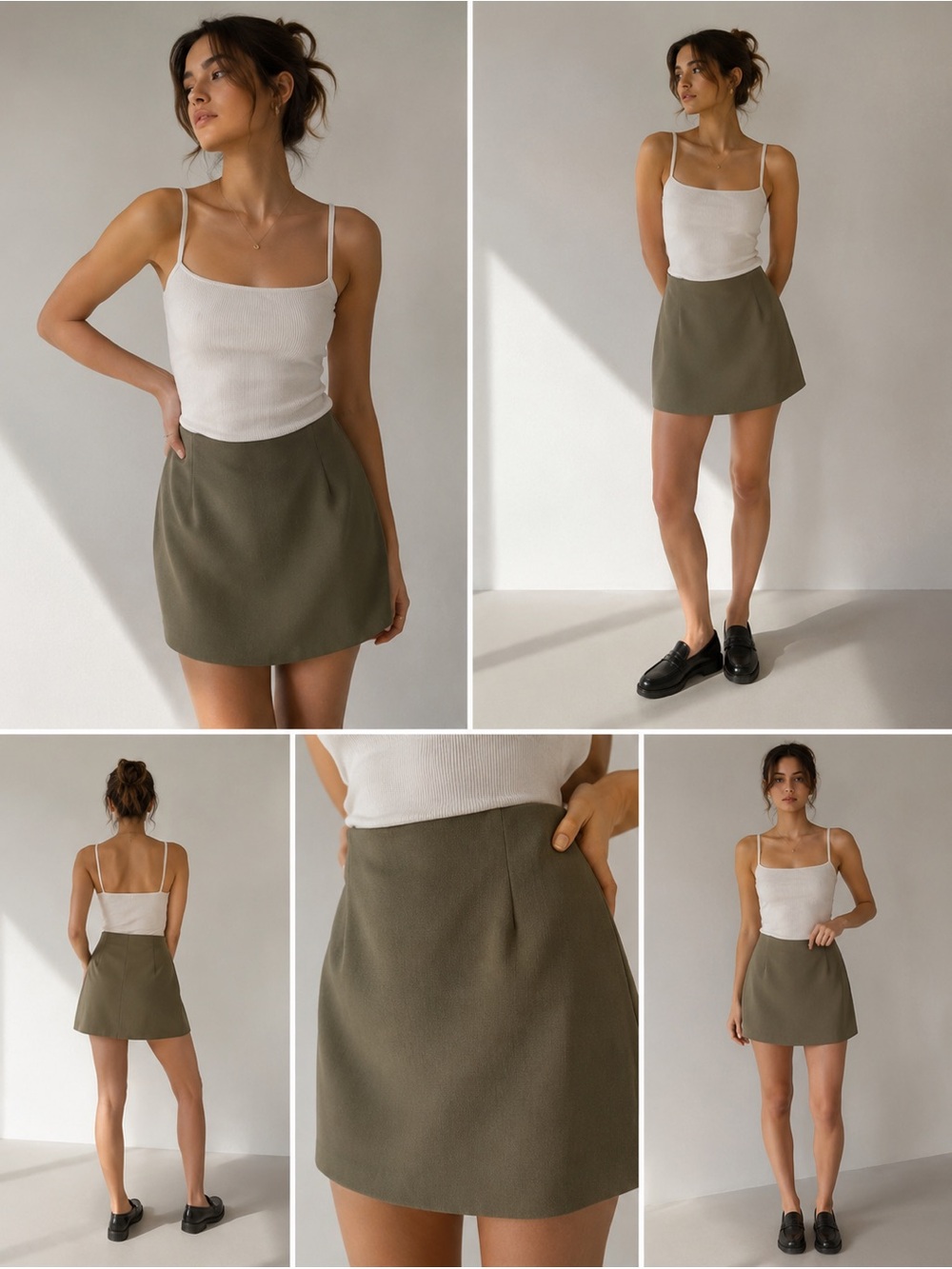 Olive Green A-Line Mini Skirt High Waist Minimal Chic Size S 28” Waist - Picture 3 of 12